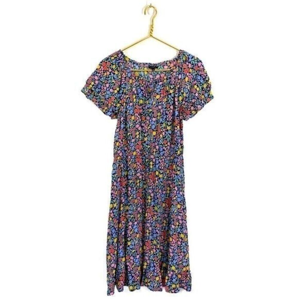 Talbots 12 Blue Floral Short Flutter Sleeve Midi‎ Dress Tiered Viscose Prairie